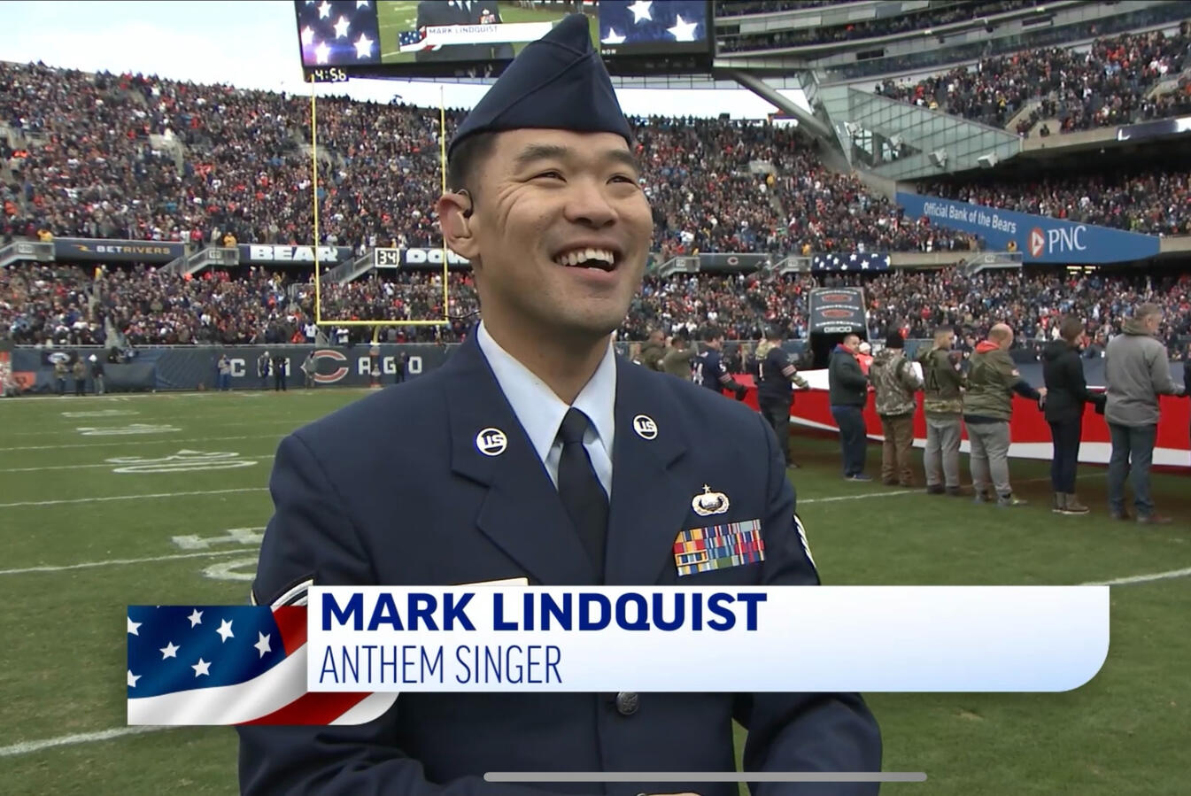U.S. Air Force Veteran Mark J. Lindquist singing for the Chicago Bears at Soldier Field for Veteran's Day U.S. Air Force Veteran Mark J. Lindquist singing for the Chicago Bears at Soldier Field for Veteran's Day